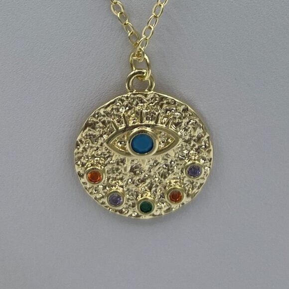 New 3 tiered chain necklace with medallion, good luck eye, bar charm, gold tones - Picture 2 of 15